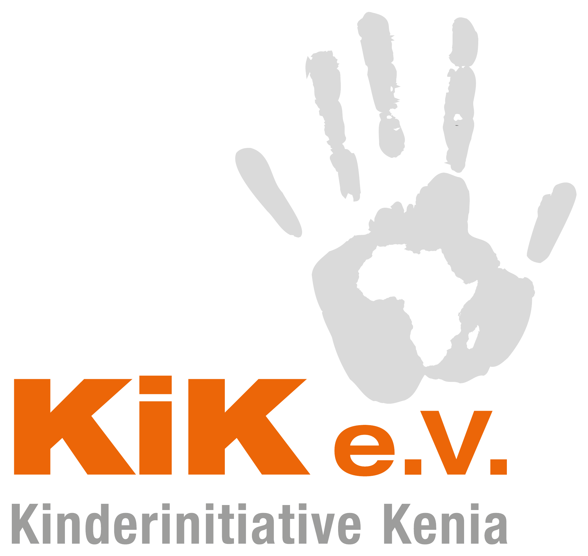 Logo der Kinderinitiative Kenia e.V.: Handabdruck mit Afrika-Umriss, Schriftzug KiK e.V. Kinderinitiative Kenia